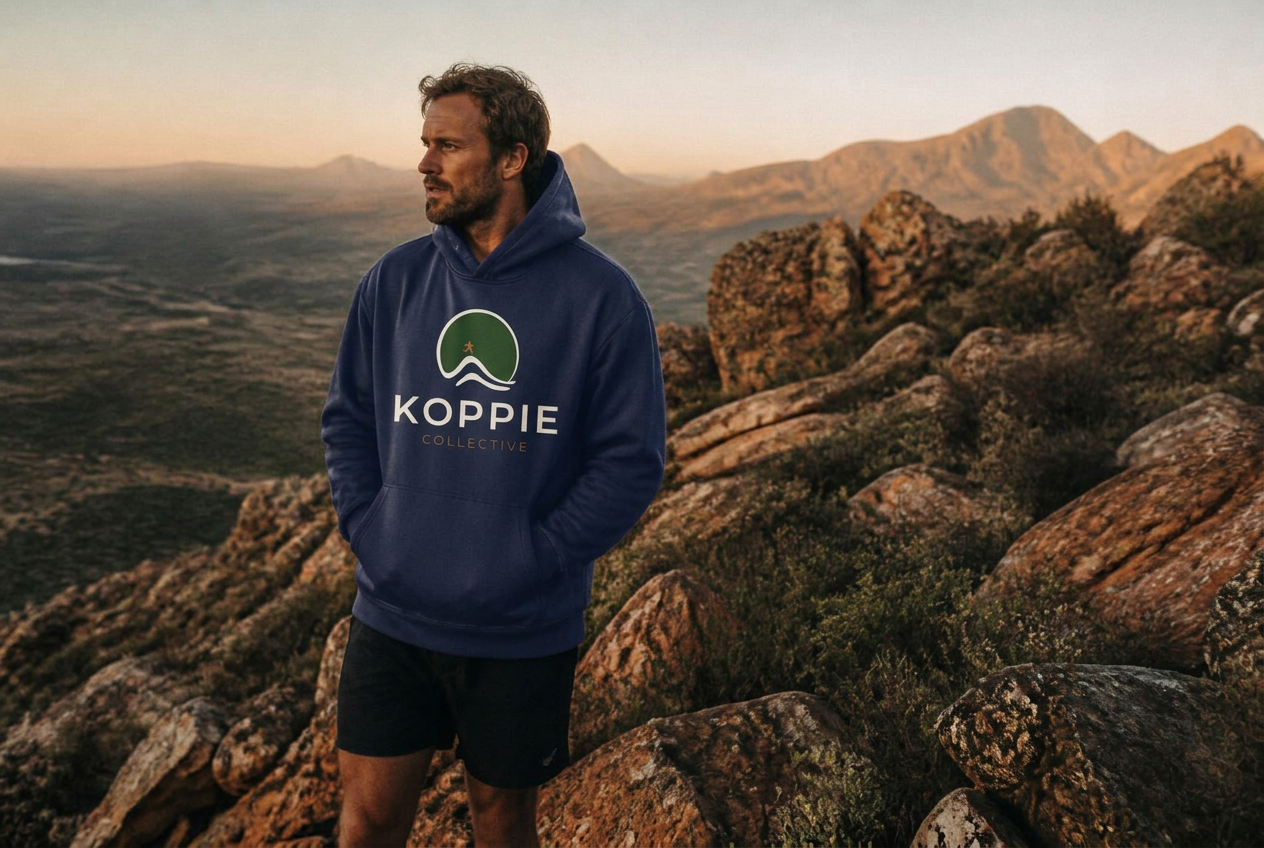 Man wearing the navy Koppie Collective hoodie on a South African mountain at sunrise